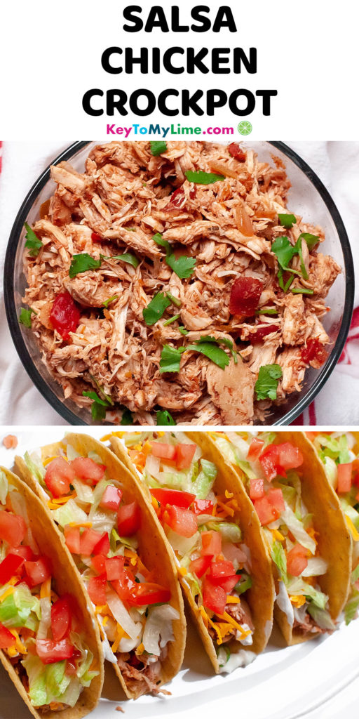 A Pinterest pin image of slow cooker salsa chicken, with two pictures and title text at the top.
