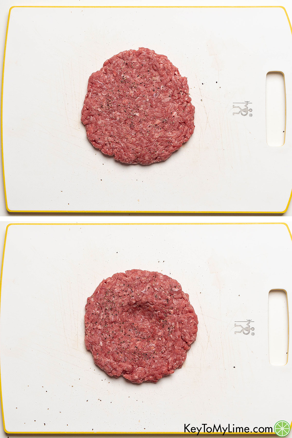 Shaping, seasoning, and indenting a raw hamburger patty.