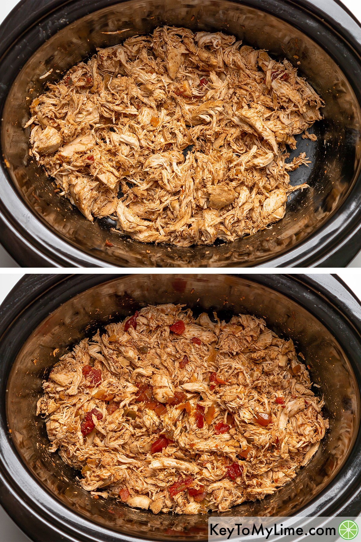 Shredding cooked chicken in a slow cooker, then mixing in salsa.