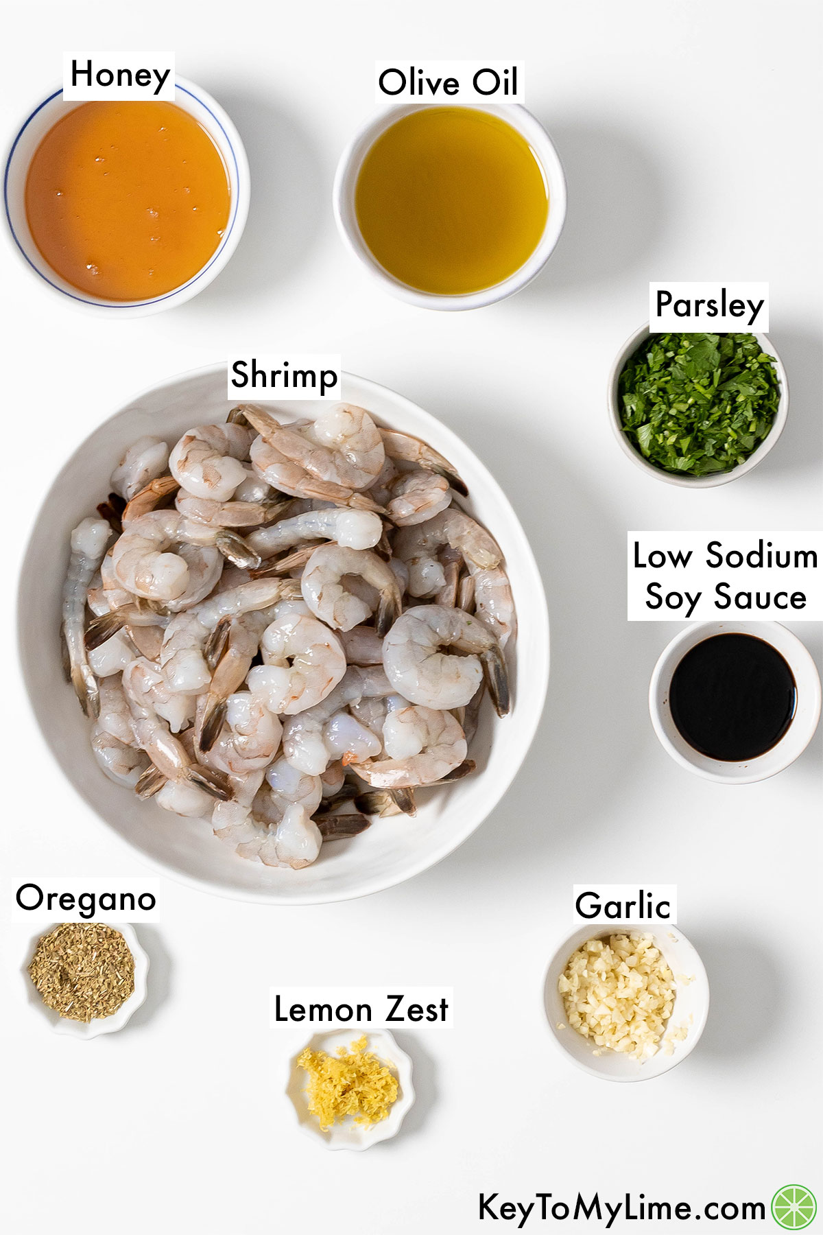 The labeled ingredients for the best shrimp kabobs.