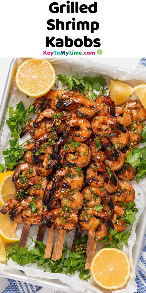 A Pinterest pin image with a picture of shrimp kabobs, and title text at the top.