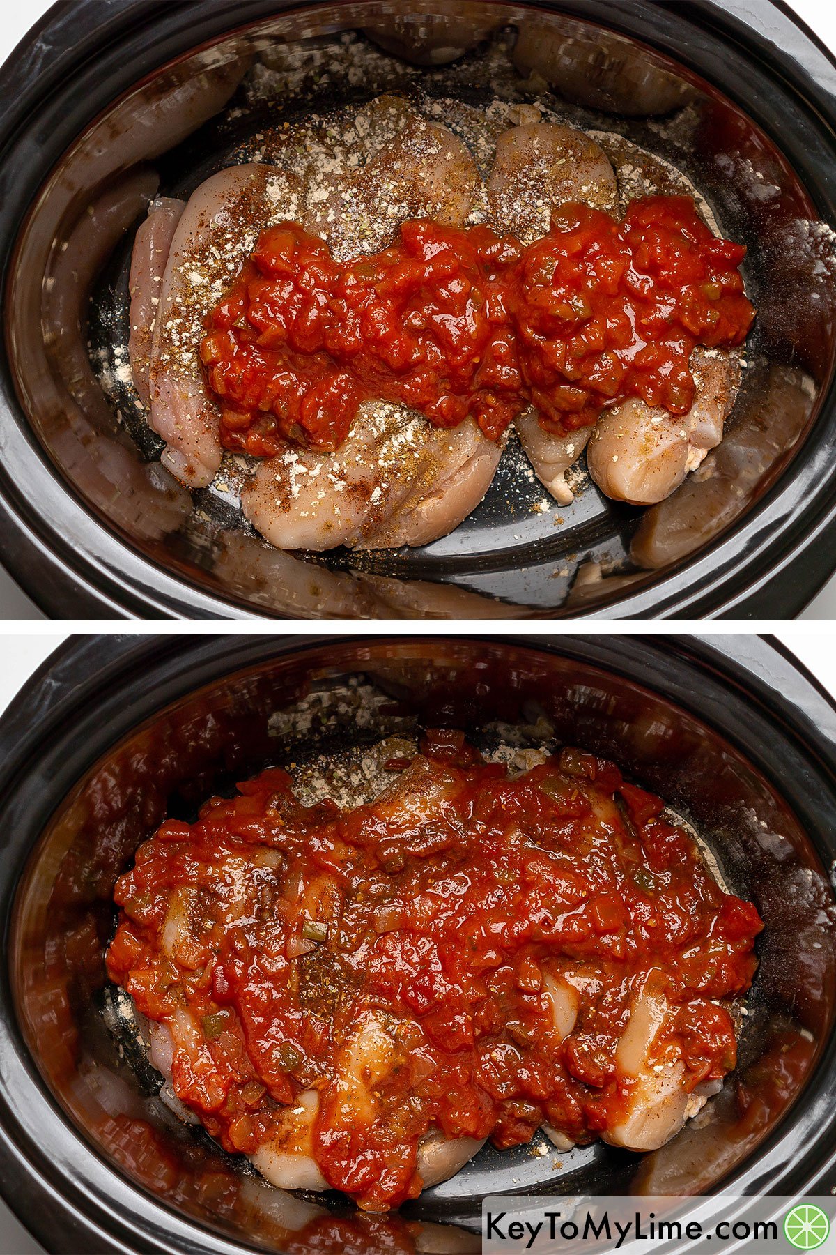 Spreading salsa over raw chicken breast in a slow cooker.