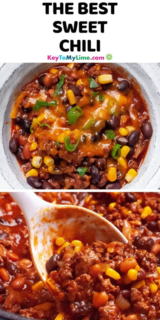 A Pinterest pin image with two pictures of sweet chili, and title text at the top.