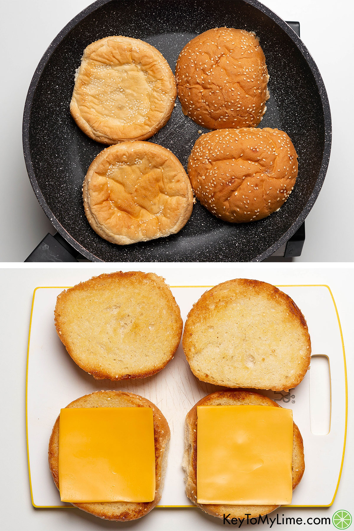 Toasting sesame seed hamburger buns with butter, then adding American cheese to the bottom half.
