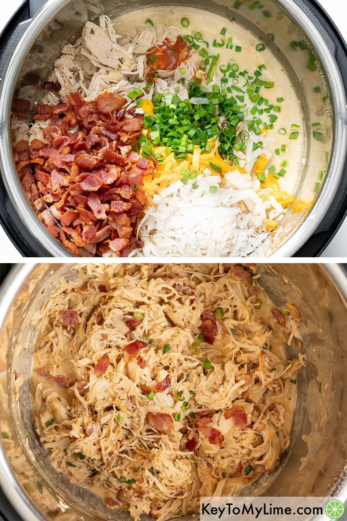 Adding shredded chicken, cooked bacon, cheddar, parmesan, and green onions to the Instant Pot.