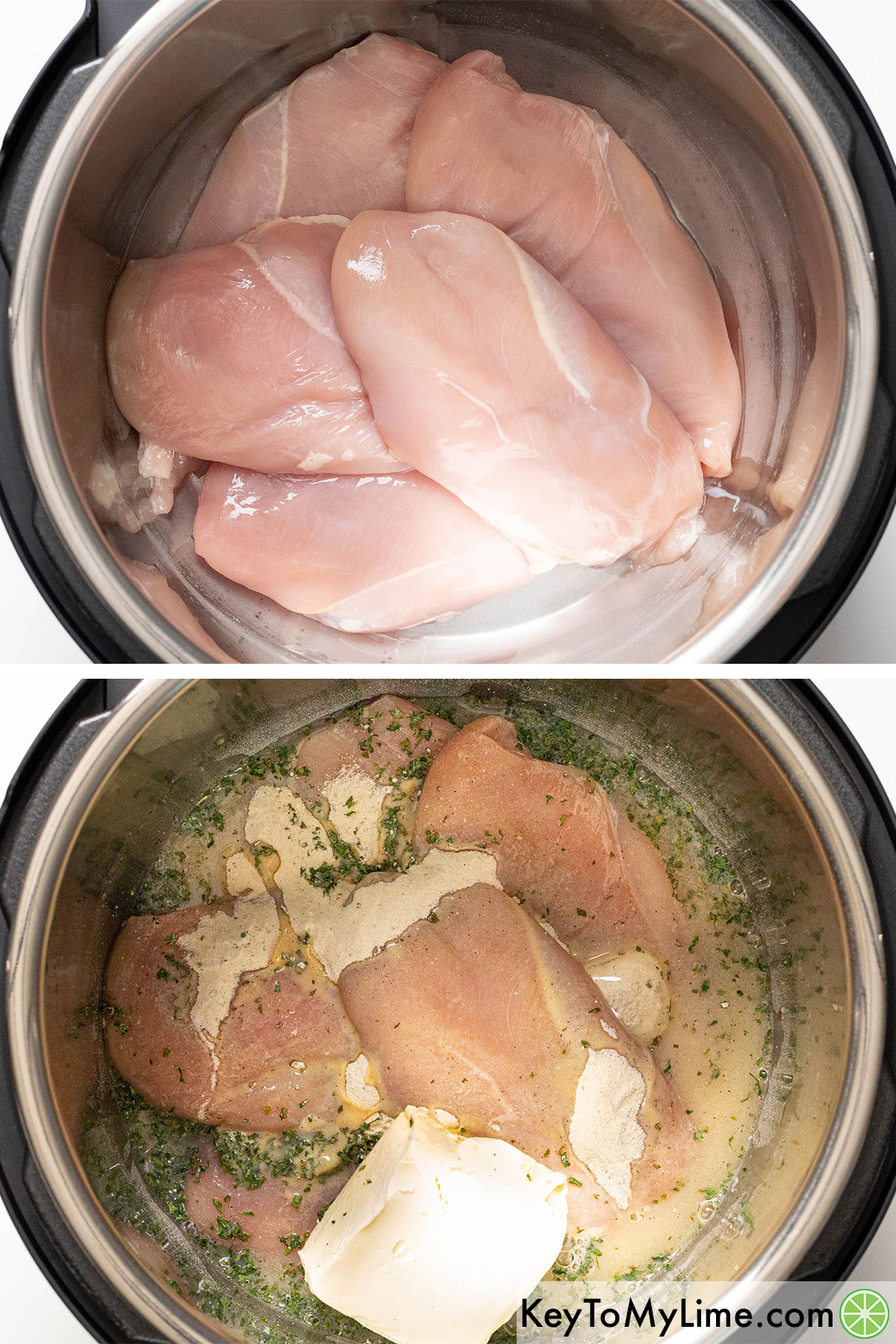 Adding raw chicken breasts, chicken broth, cream cheese, and seasonings to an Instant Pot.