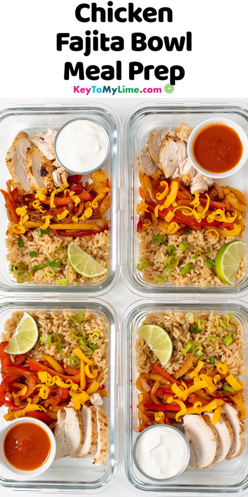 A Pinterest pin image of chicken fajita bowl meal prep with title text at the top.