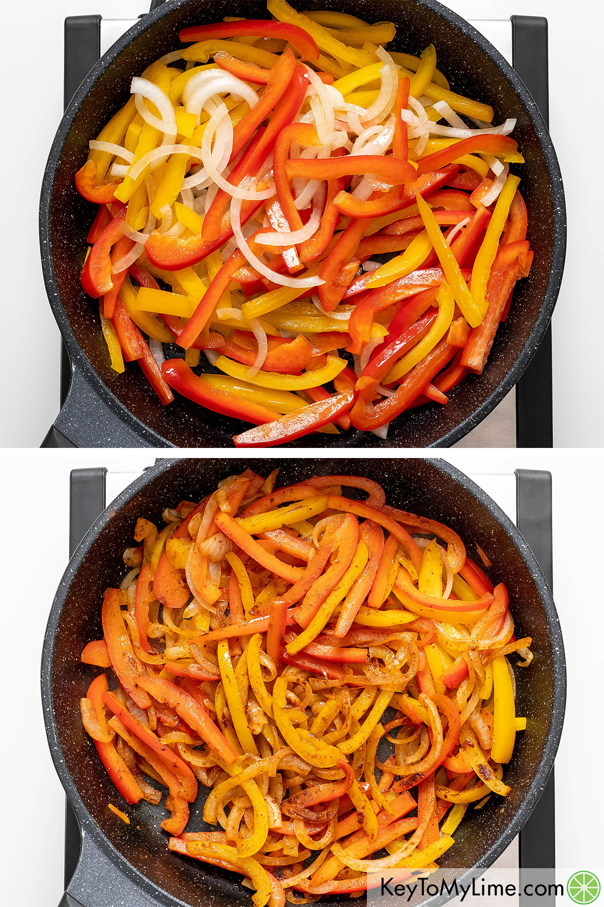 Sauteing sliced bell peppers and onions.