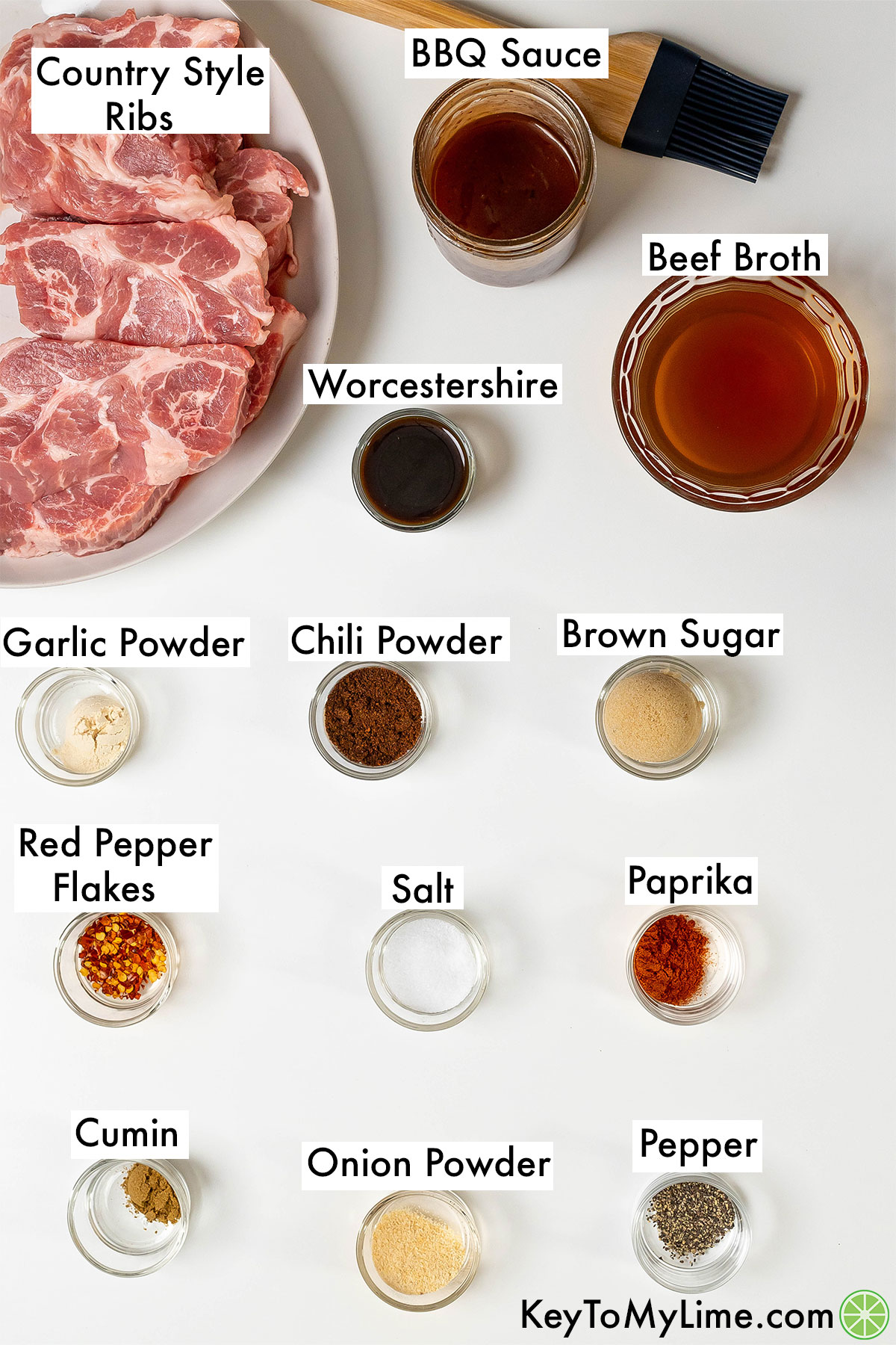 The labeled ingredients for Instant Pot country style ribs.