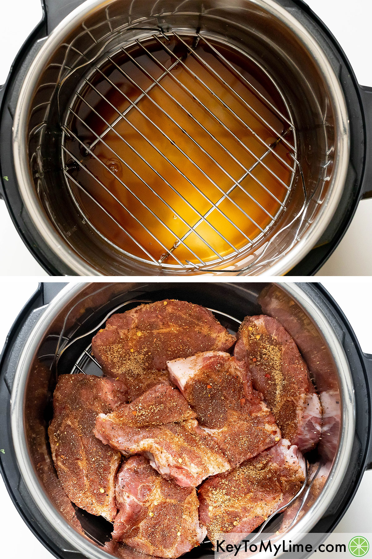 Adding broth, trivet, and seasoned country style ribs to an Instant Pot.