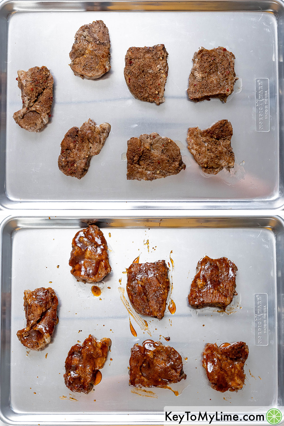 Placing the cooked country style ribs on a baking sheet and brushing them with BBQ sauce before broiling.