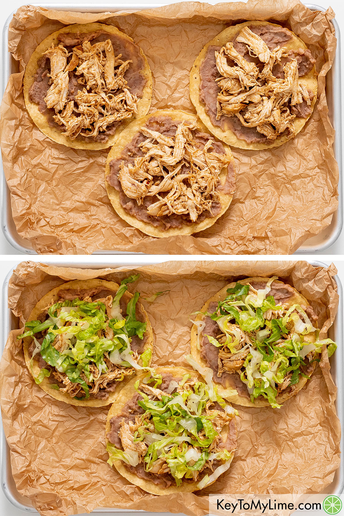 Adding freshly shredded chicken and lettuce to partially started chicken tostadas.