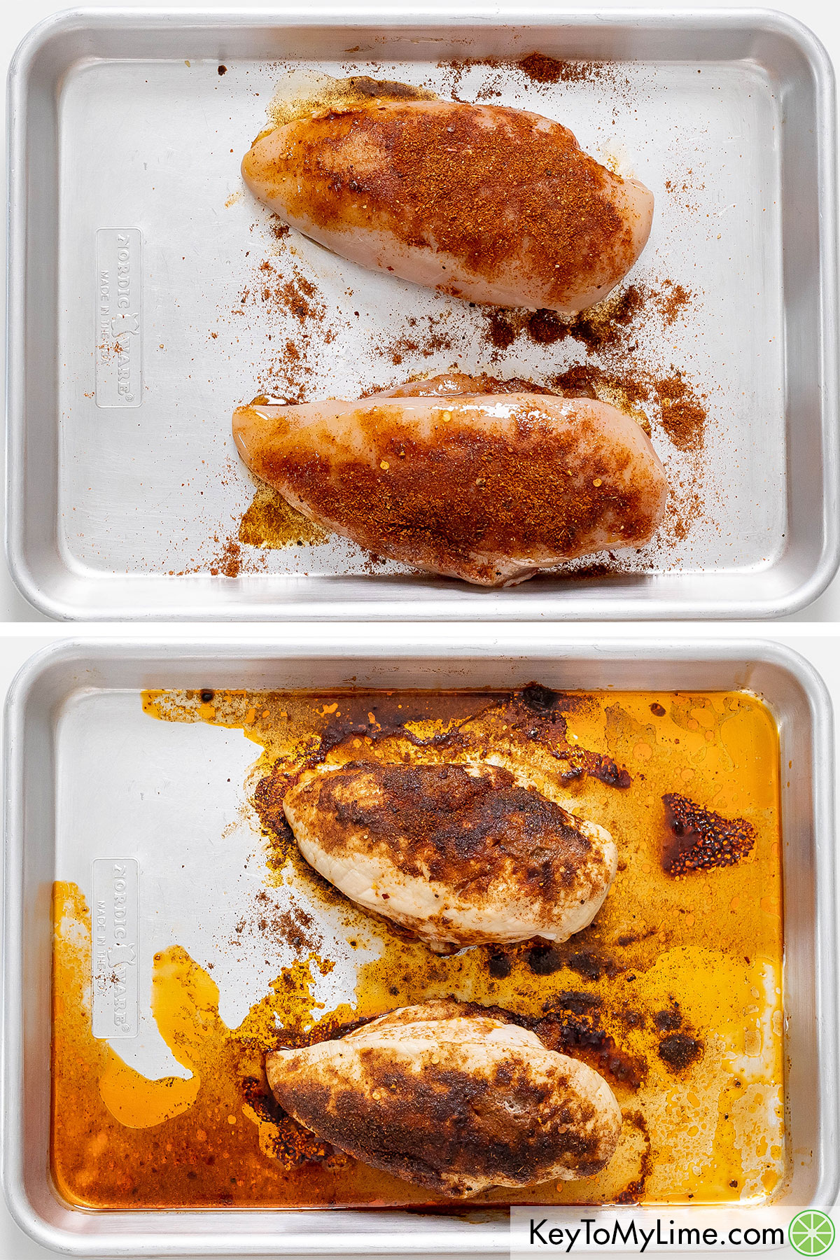 An image of before and after cooking seasoned chicken breast.