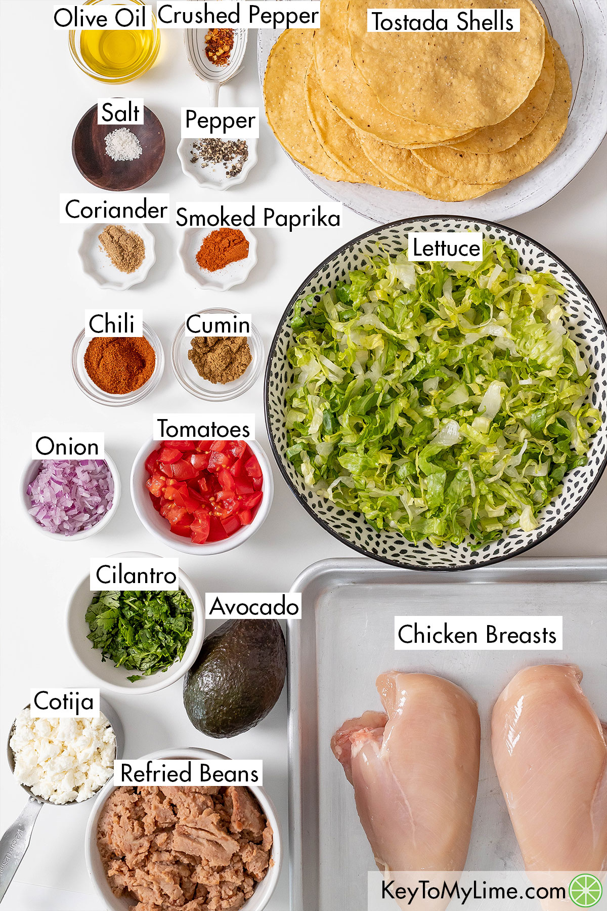 The labeled ingredients for chicken tostadas.