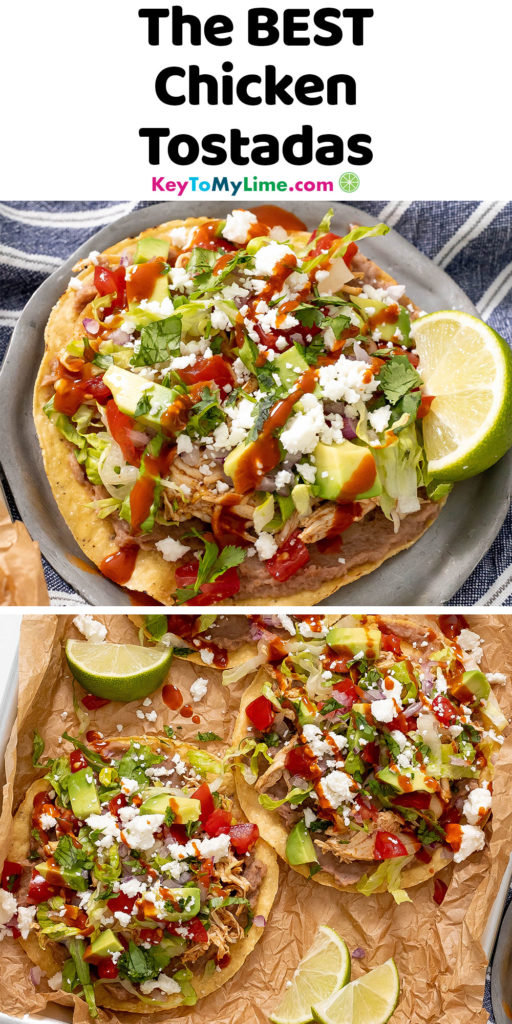 A Pinterest pin image with a picture of chicken tostadas, with title text at the top.