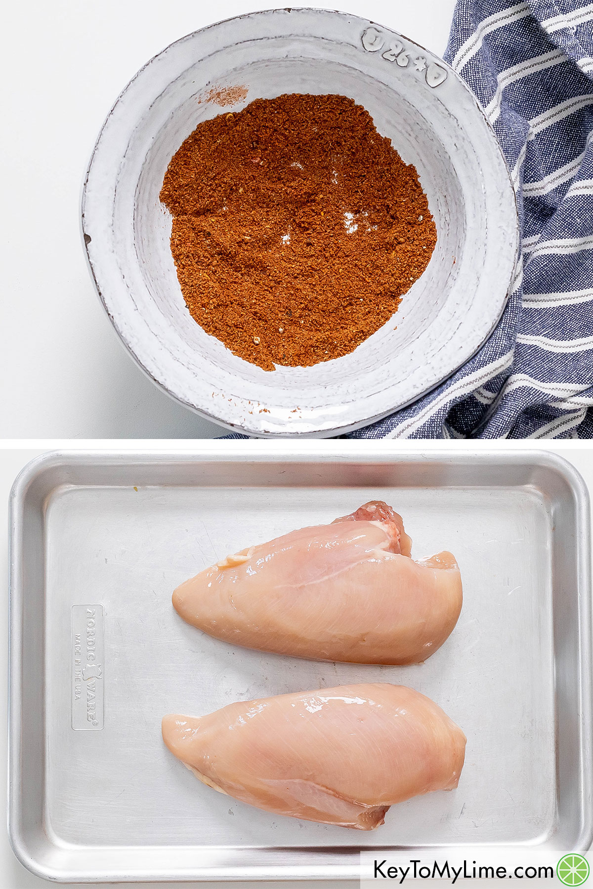 An image of mixed seasoning in a bowl and two chicken breasts on a tray.
