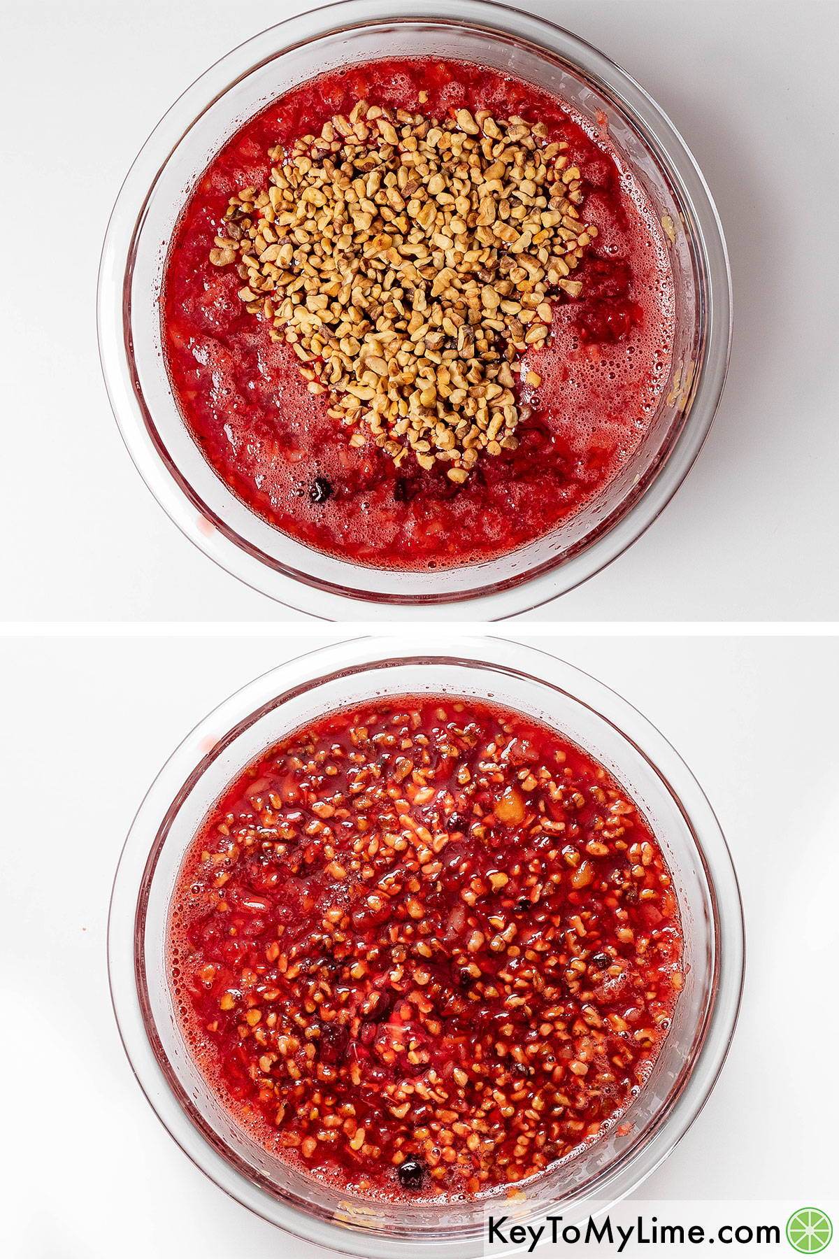 Before and after mixing in cooled walnuts into the mixed jello salad ingredients.