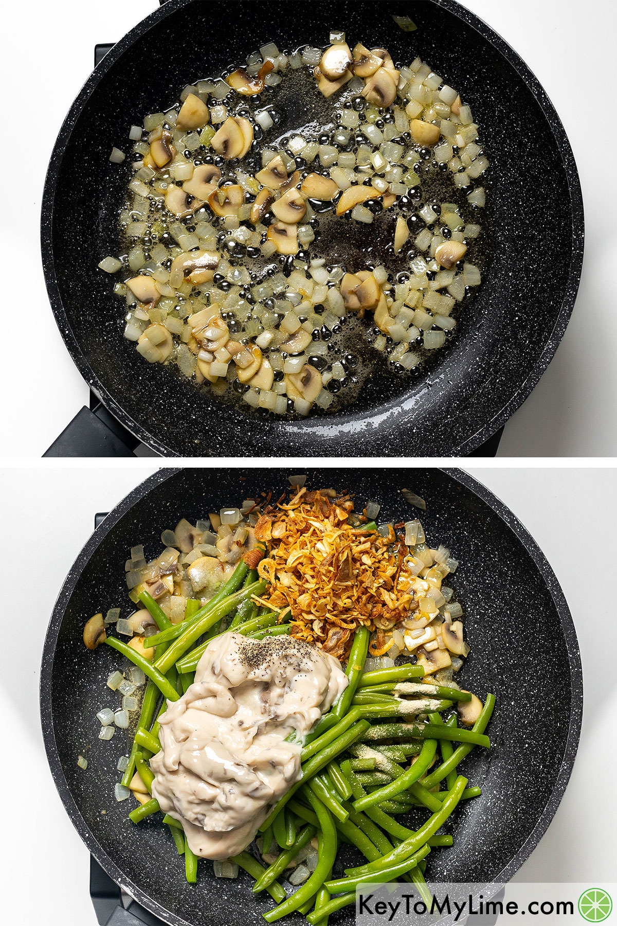Adding boiled green beans and canned mushroom soup to cooked mushrooms and onions.