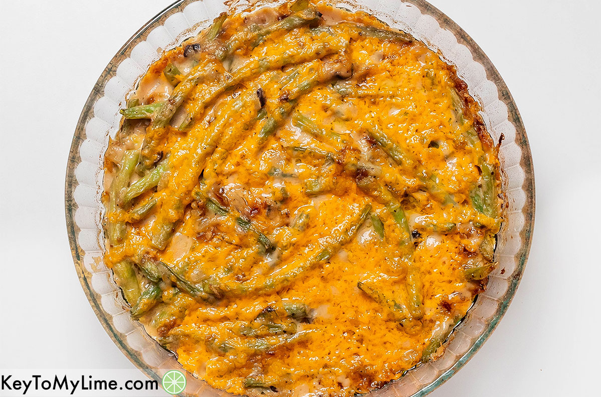 An overhead image of freshly baked casserole dish with melted cheese on top.