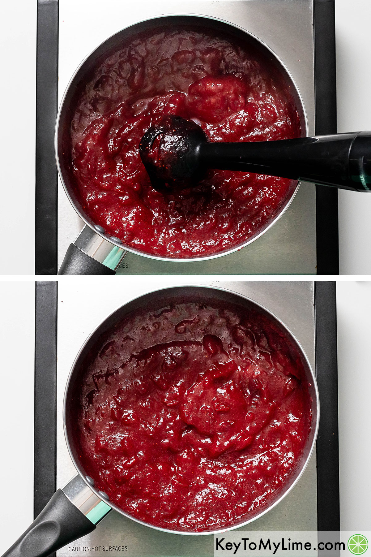 Blending cooked cranberry jam with an immersion blender until a desired consistency has been reached.