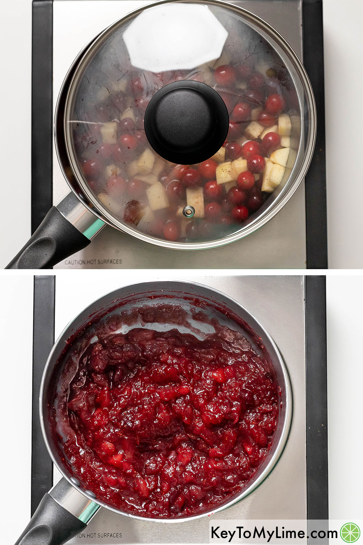 Covering and simmering mixed jam ingredients until all of the cranberries have burst.