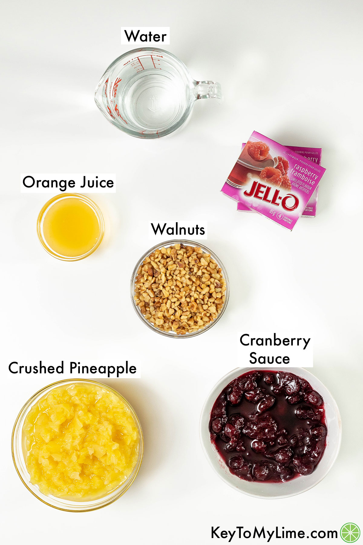 The labeled ingredients for cranberry jello salad.