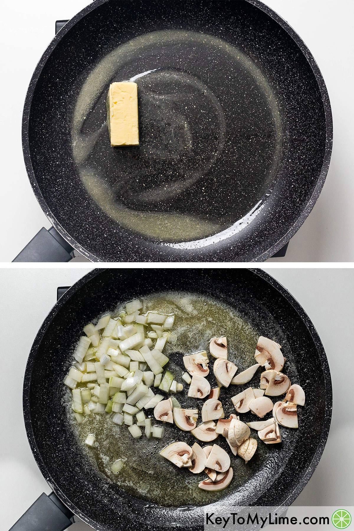 Melting the butter in a hot skillet then adding raw mushrooms and onions.