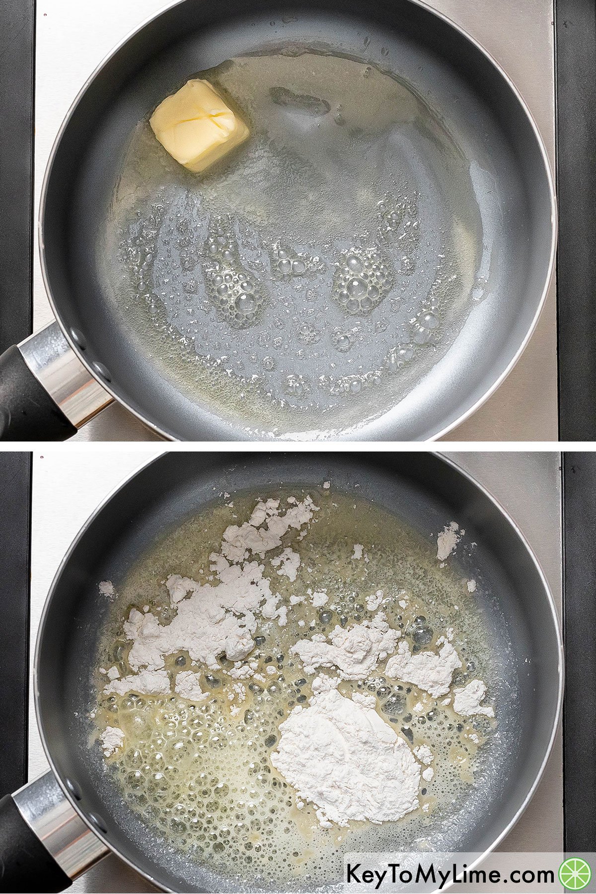 Creating a roux with butter and flour in a saucepan once the butter has melted.