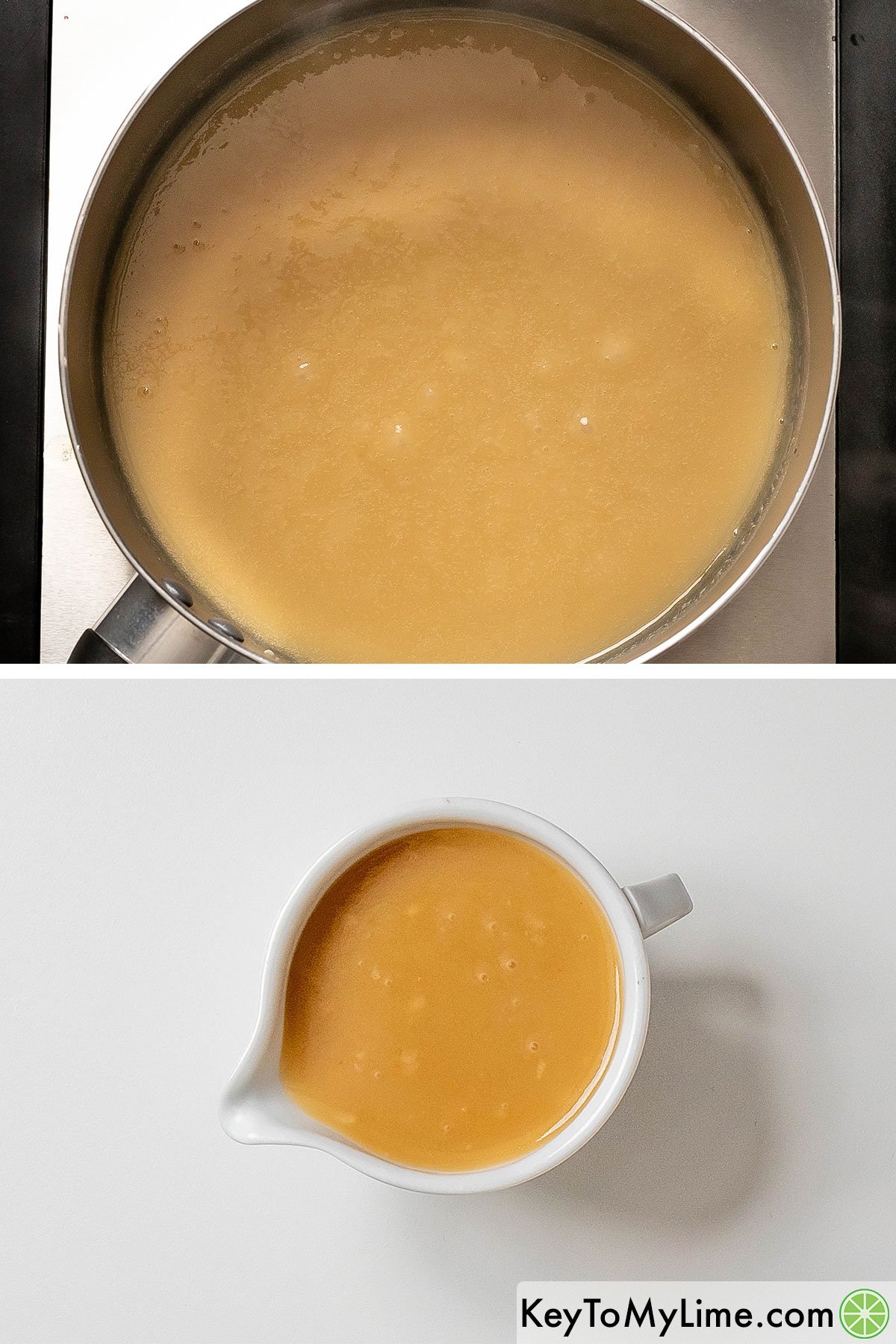 Once the gravy has thickened transfer the gravy to a pitcher.