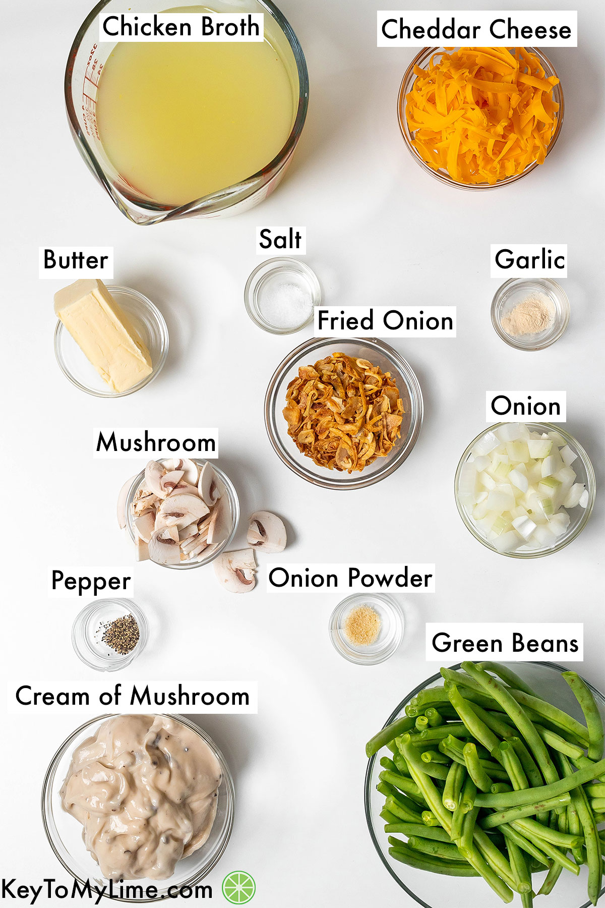 The labeled ingredients for paula deen green bean casserole.