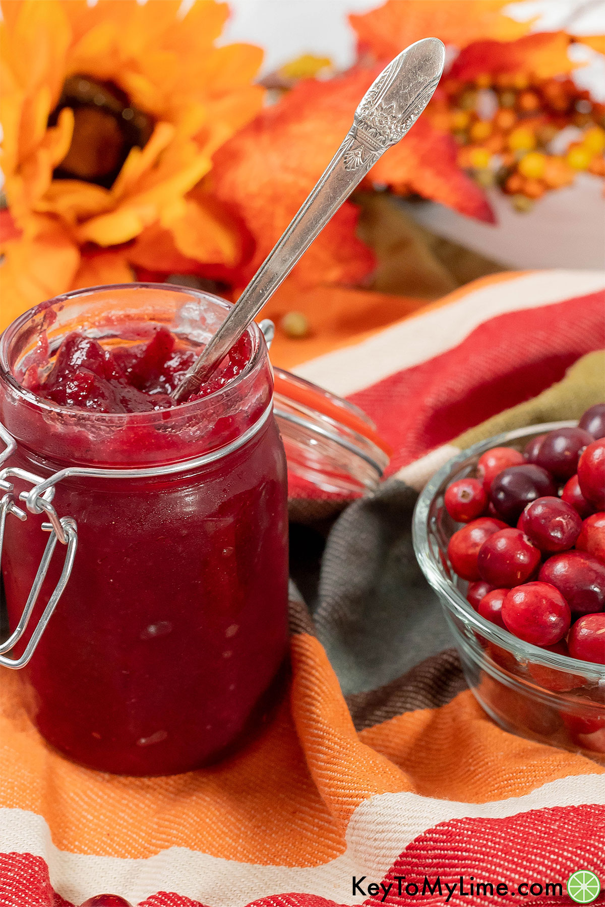 An image of a serving spoon inside a jar of cranberry jam.
