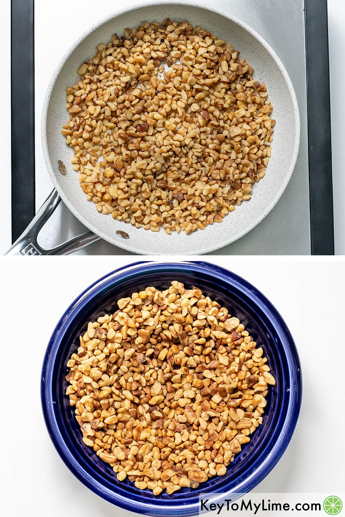 Before and after toasting chopped up walnuts.