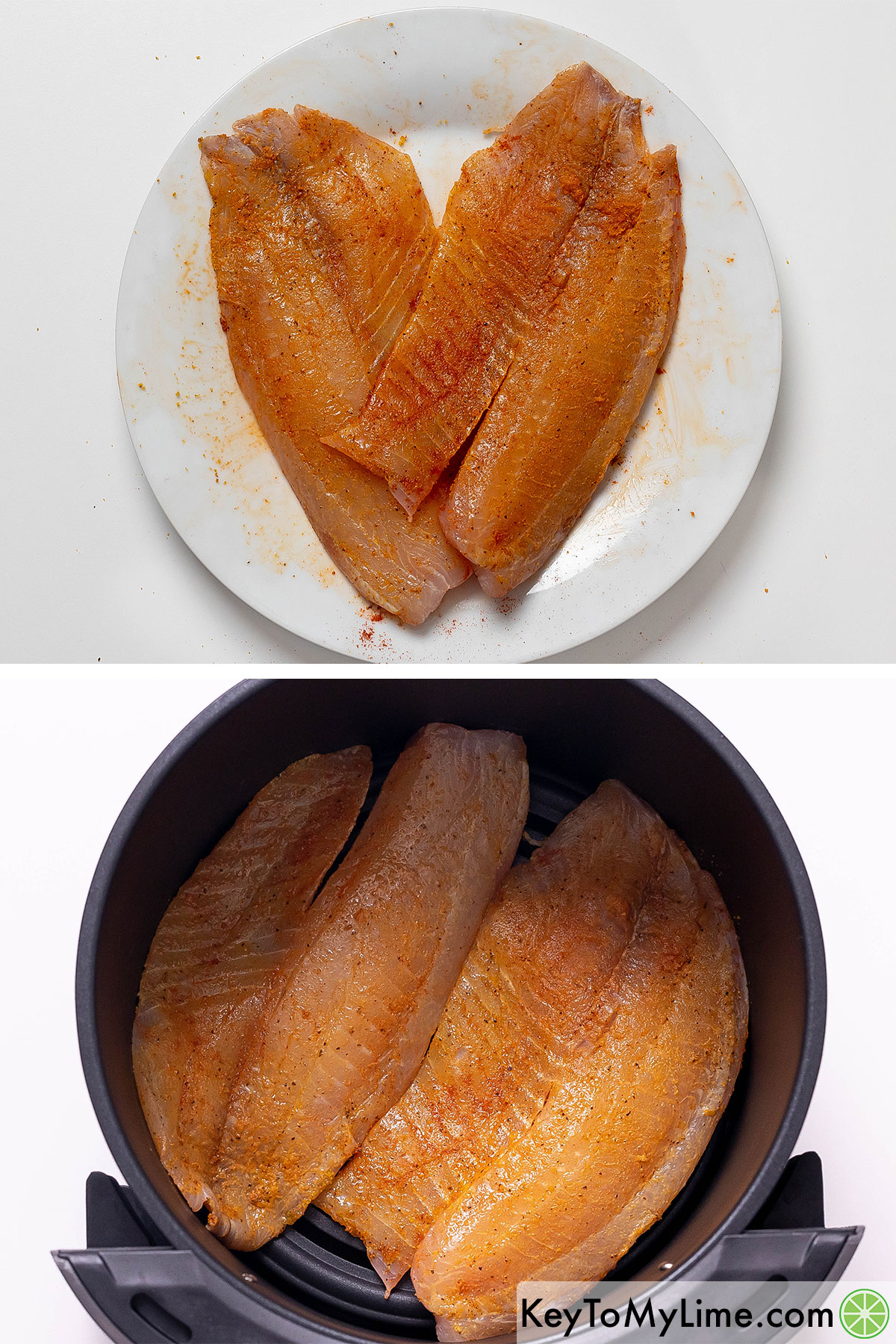 A pair seasoned tilapia fillets being added to a heated up air fryer basket.