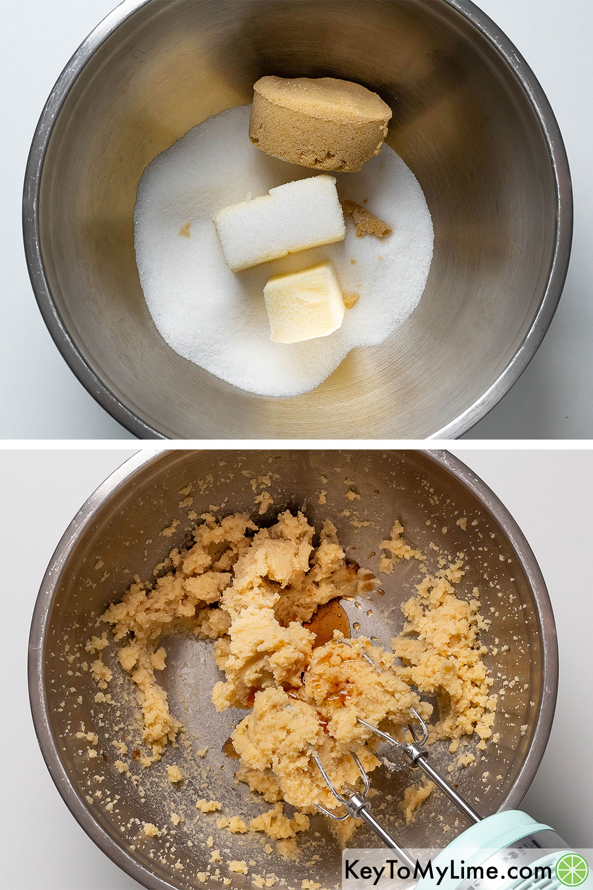Adding sugar and butter to a large mixing bowl and beating half way before adding vanilla extract.