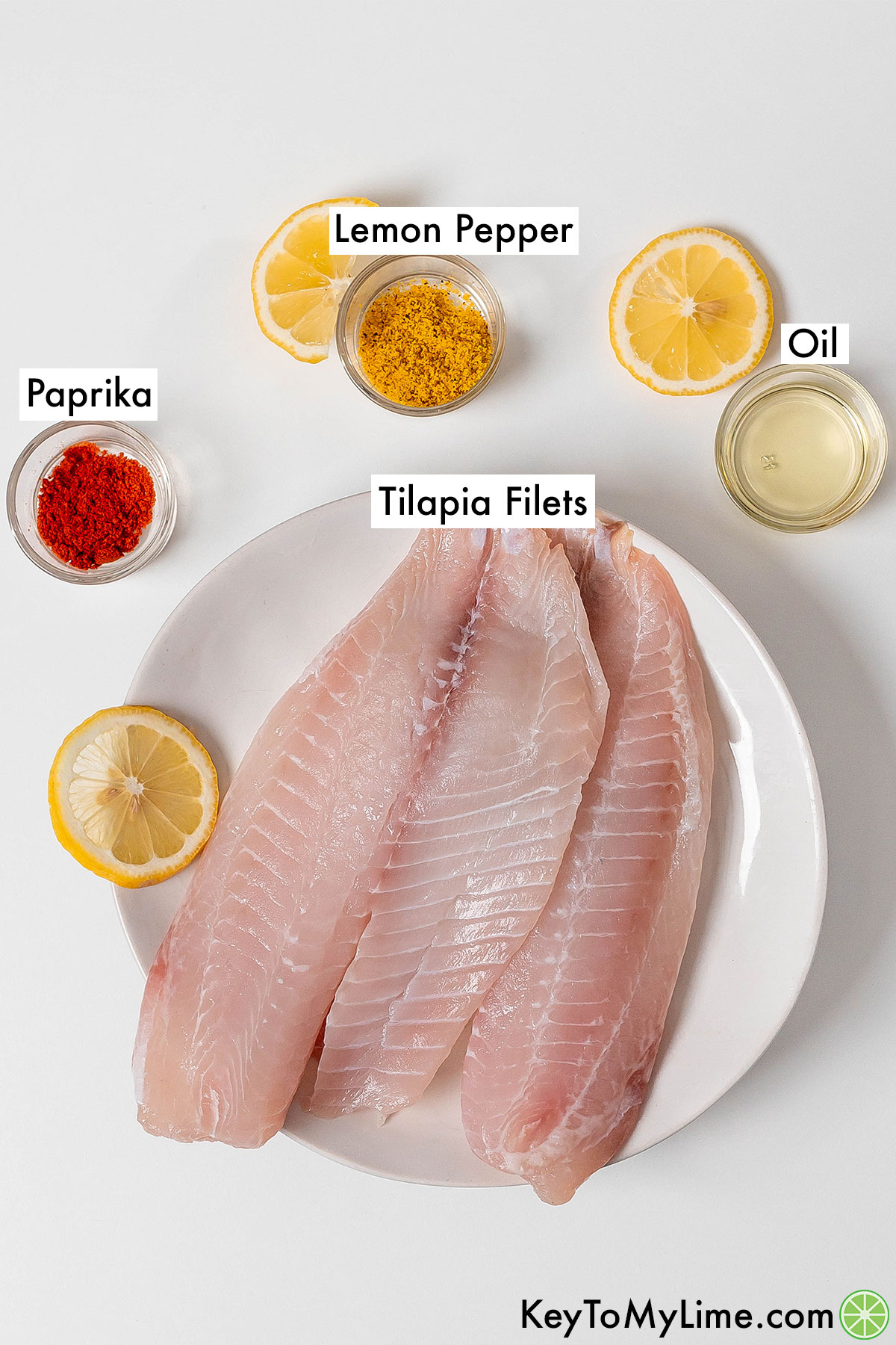 The labeled ingredients for air fryer tilapia.