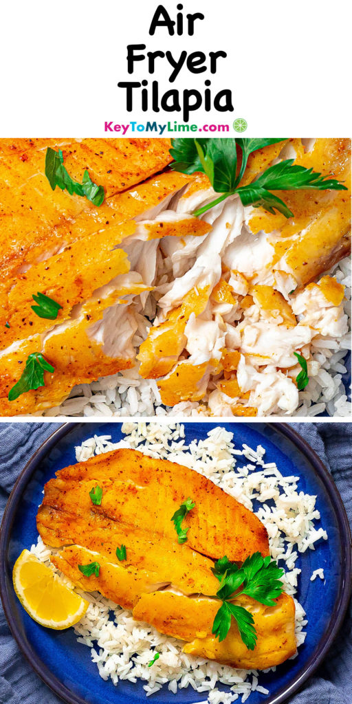 A Pinterest pin image with a picture of air fryer tilapia, with title text at the top.