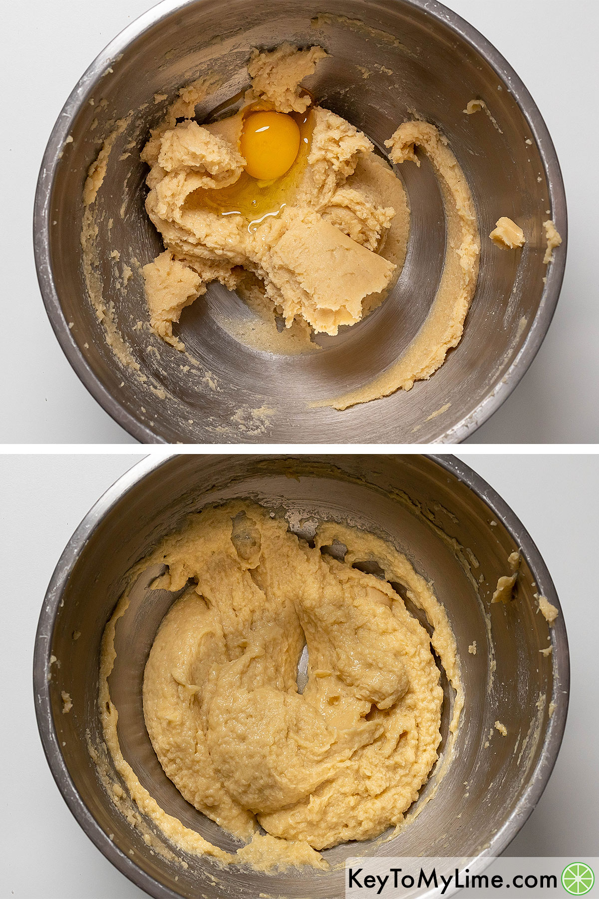Beating butter and sugar in a large mixing bowl until light and fluffy then adding an egg.
