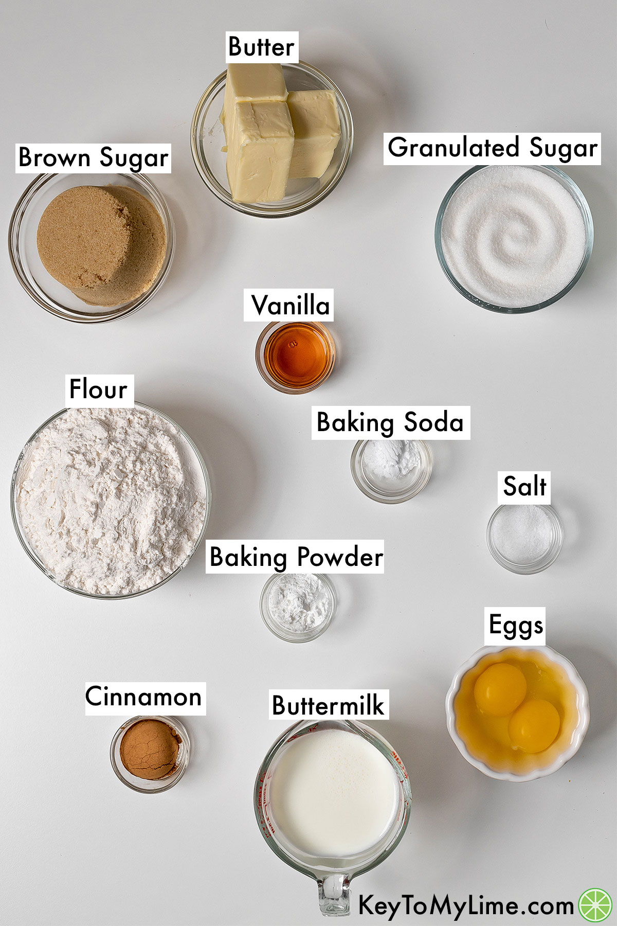 The labeled ingredients for cinnamon coffee cake.