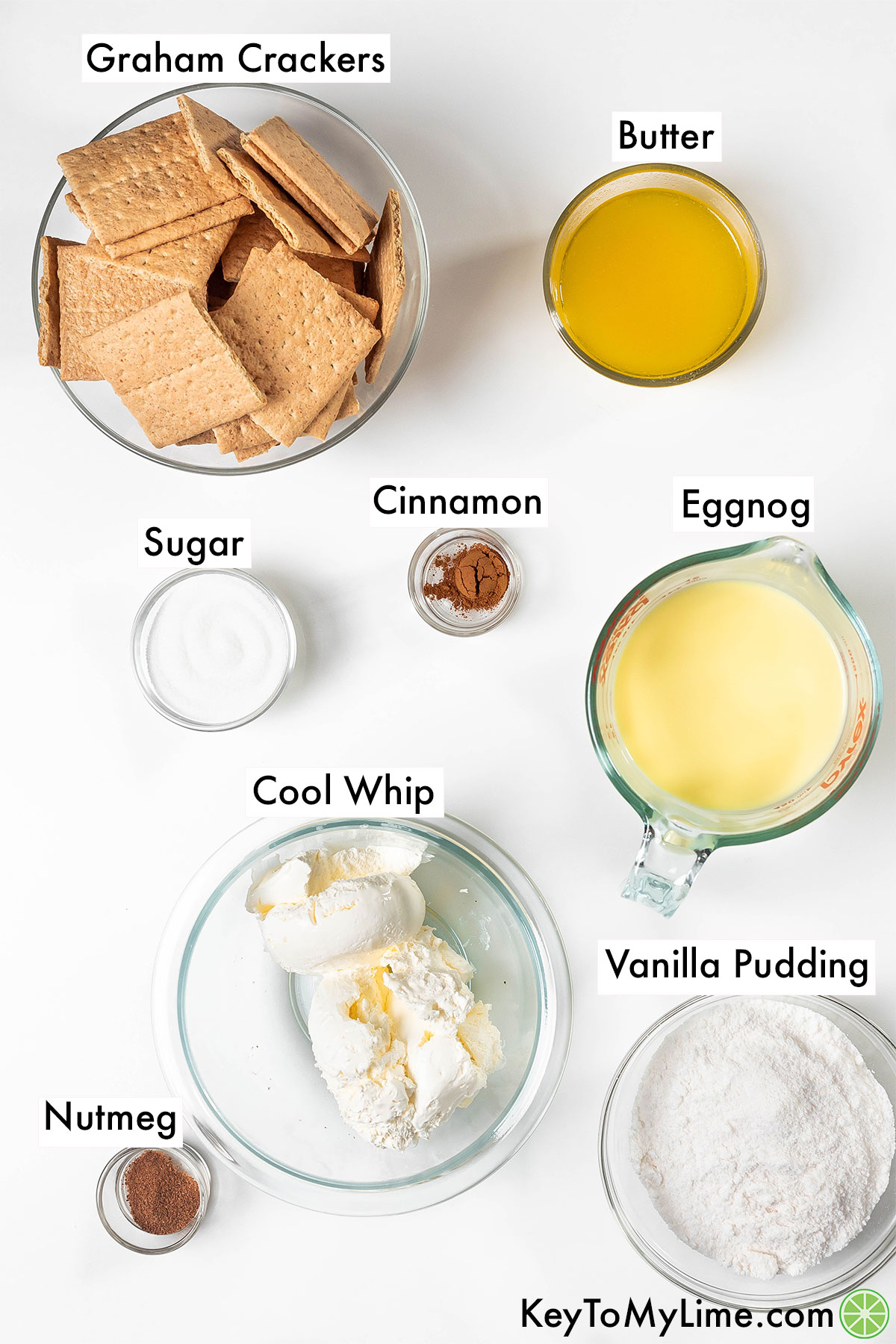 The labeled ingredients for eggnog pie.