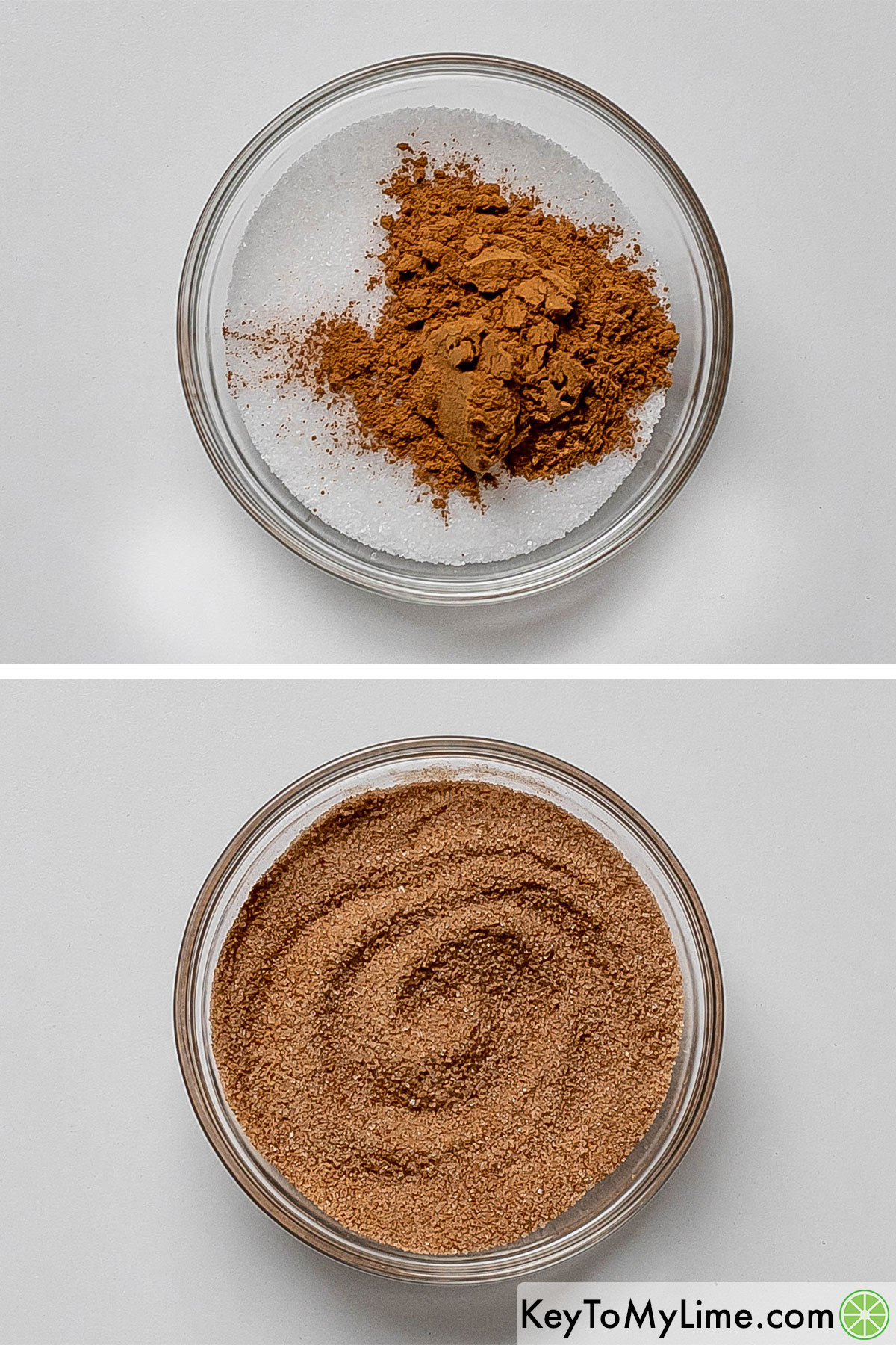 Mixing together granulated sugar and cinnamon together in a small mixing bowl.