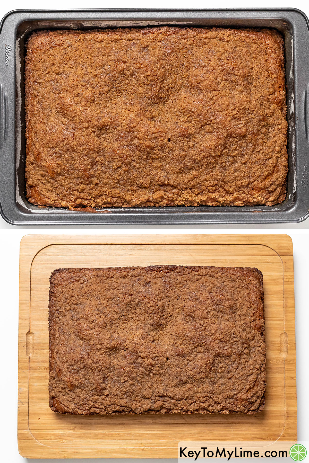 Removing the coffee cake from the bake pan and cooling on a cutting board.