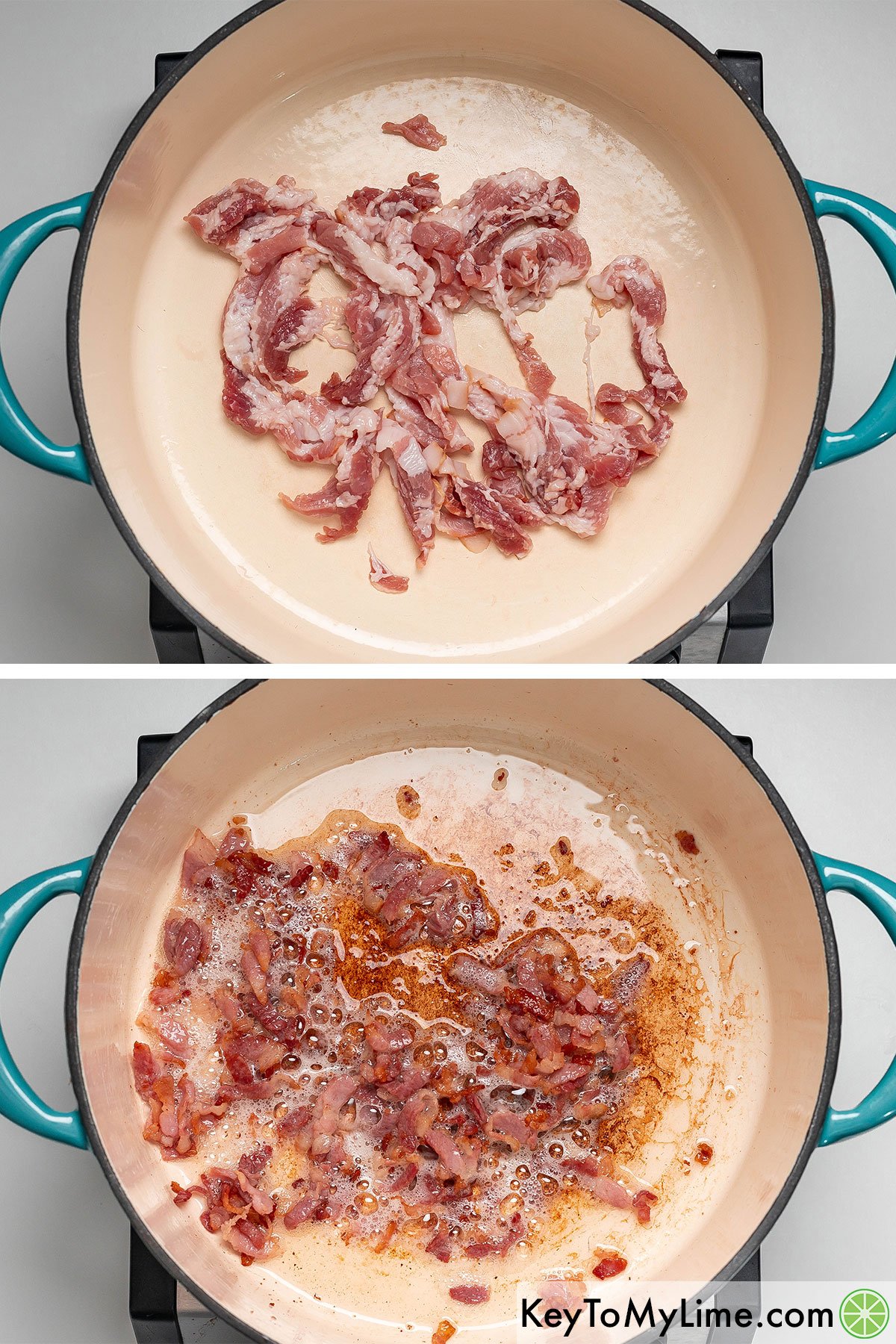 Adding bacon to a dutch oven and cooking until crispy.