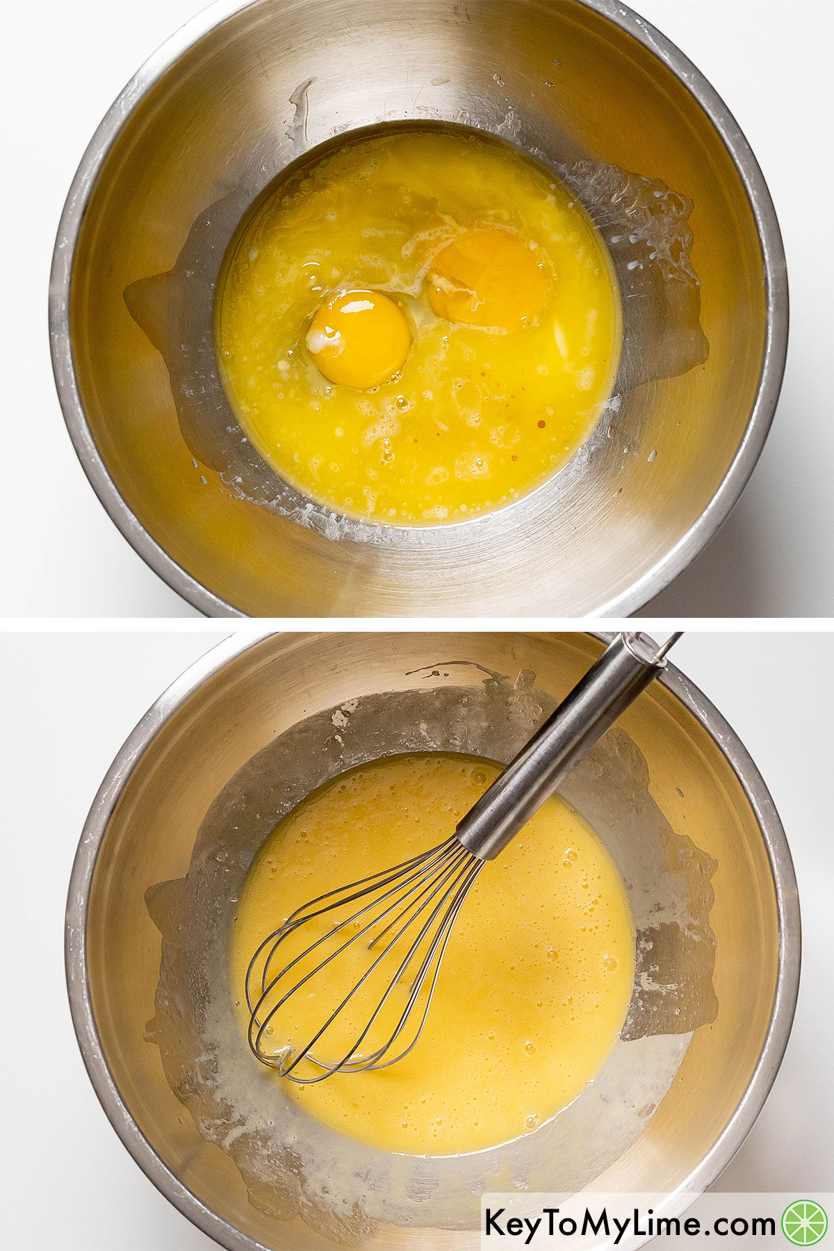 Adding butter, eggs and vanilla extract to a large mixing bowl and whisking.