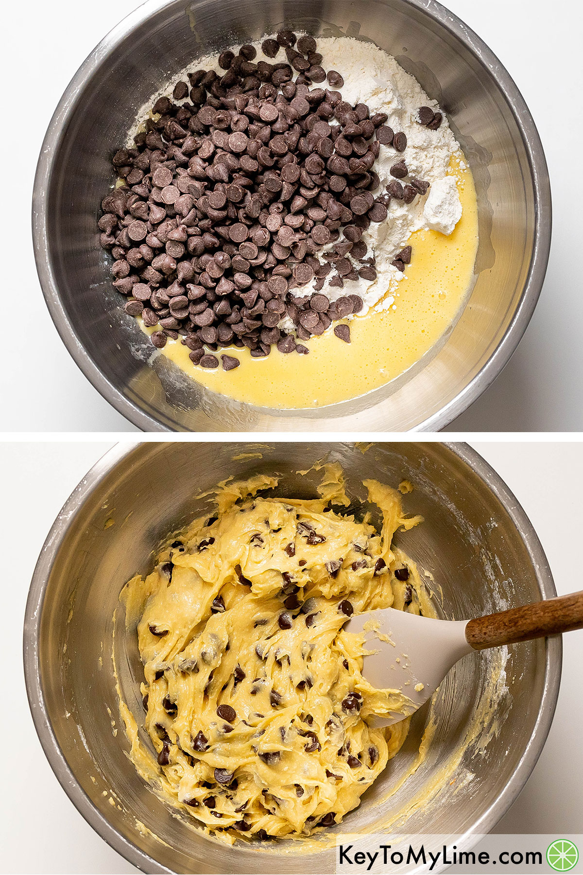 Adding chocolate chips and cake mix and then thoroughly mixing together.