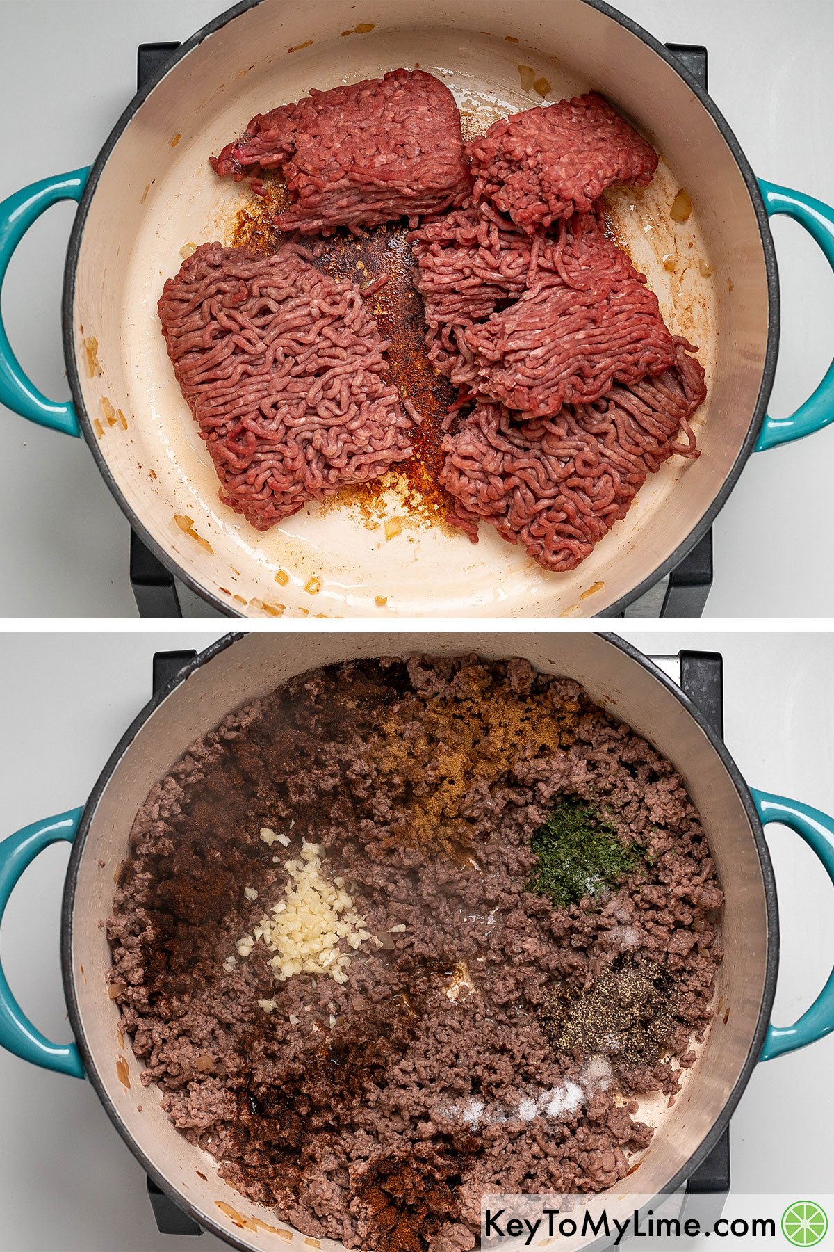 Adding ground beef to a dutch oven and cooking until almost no visible pink then adding in spices.