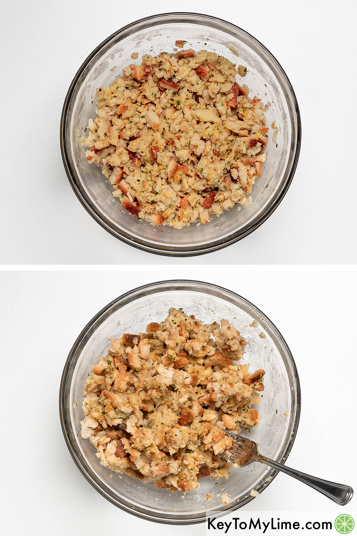 Adding stove top stuffing to a bowl and then adding hot water to absorb and then fluffing with a fork.