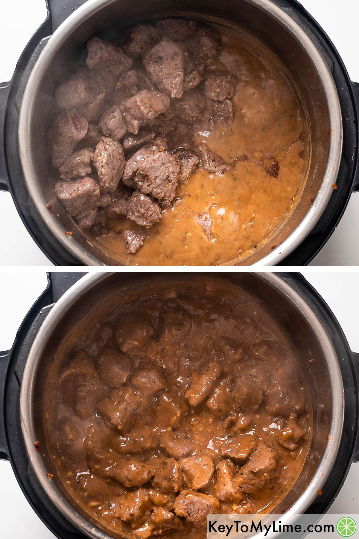 Adding the beef tips back to the Instant Pot then mixing in with the gravy.