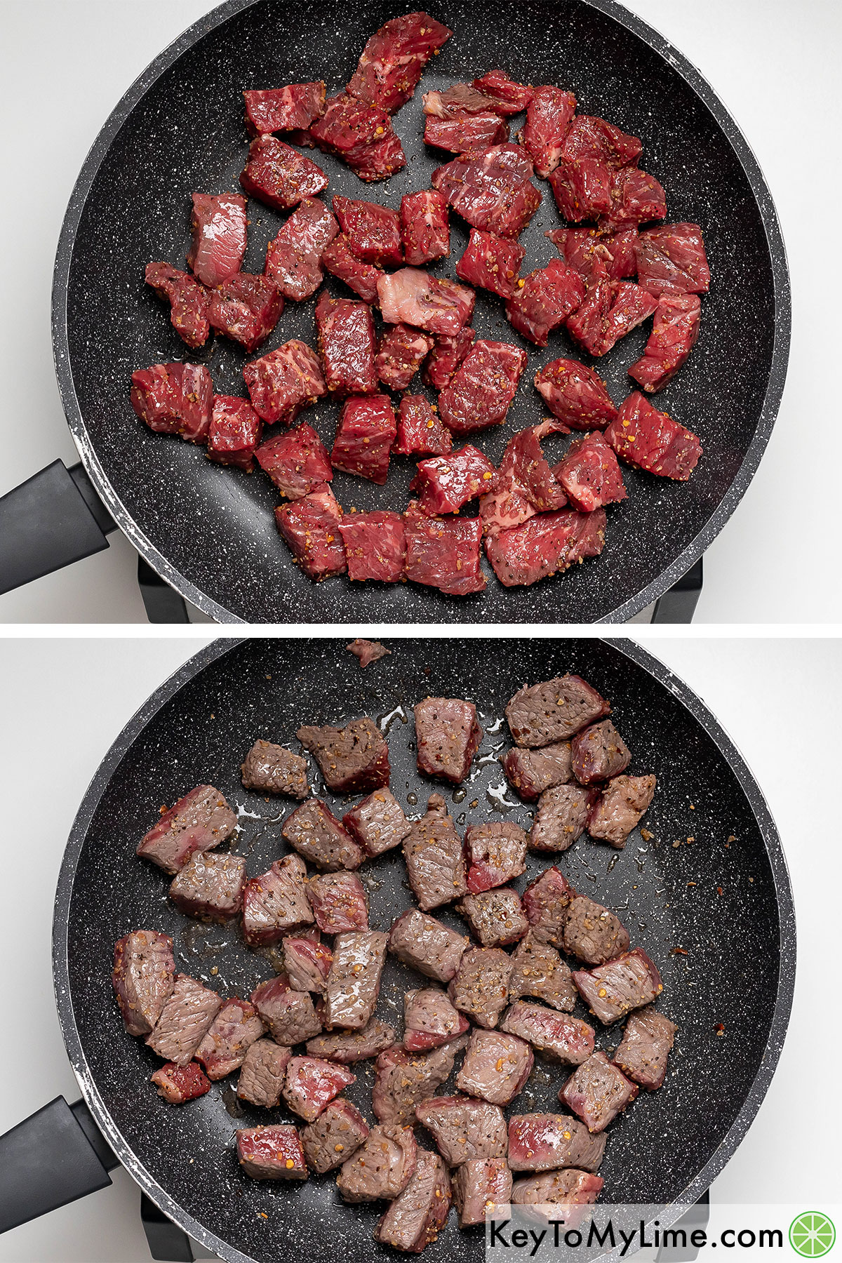Adding the beef tips to a hot skillet and browning all the sides.