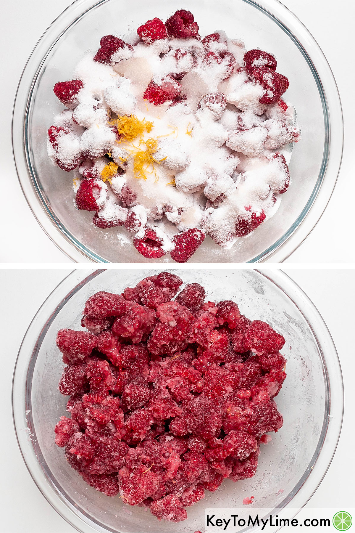 Adding the fresh berries, sugar, lemon and cornstarch to a large mixing bowl and mixing.