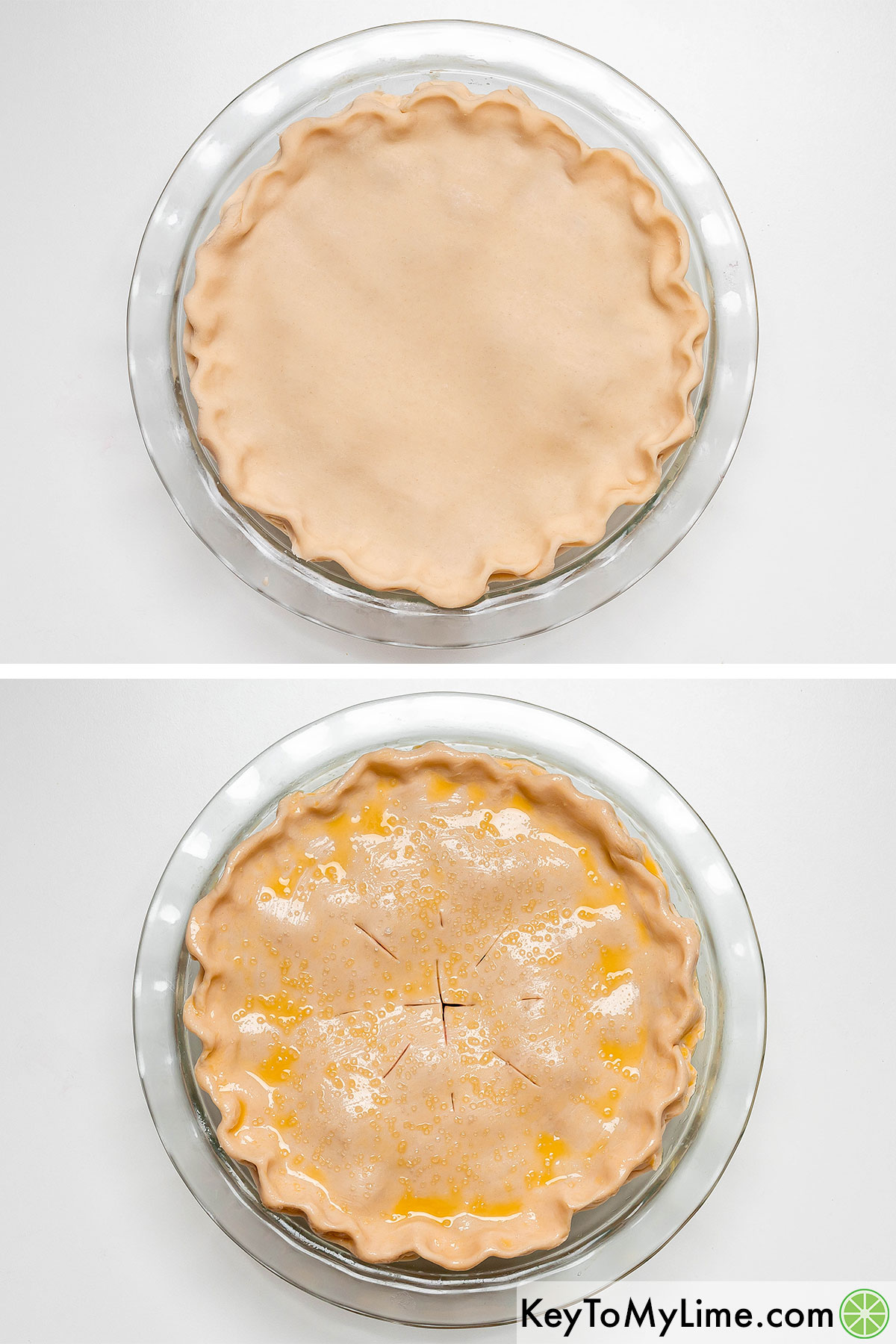 Attaching the top pie crust and brushing with egg and sprinkling with coarse sugar.